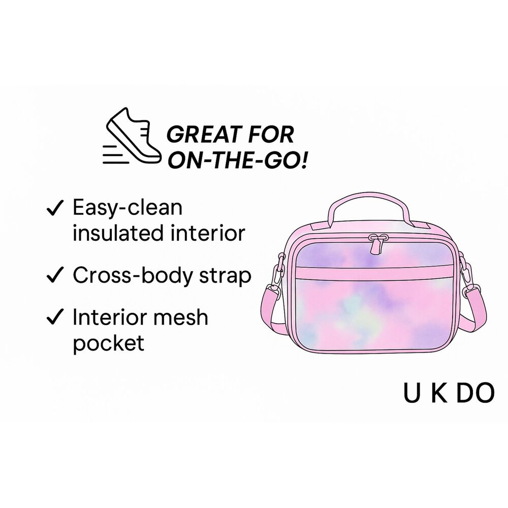 Tie Dye Insulated Lunch Bag Neoprene Pink Crossbody Kids & Adults Leak-Proof - Picture 5 of 6